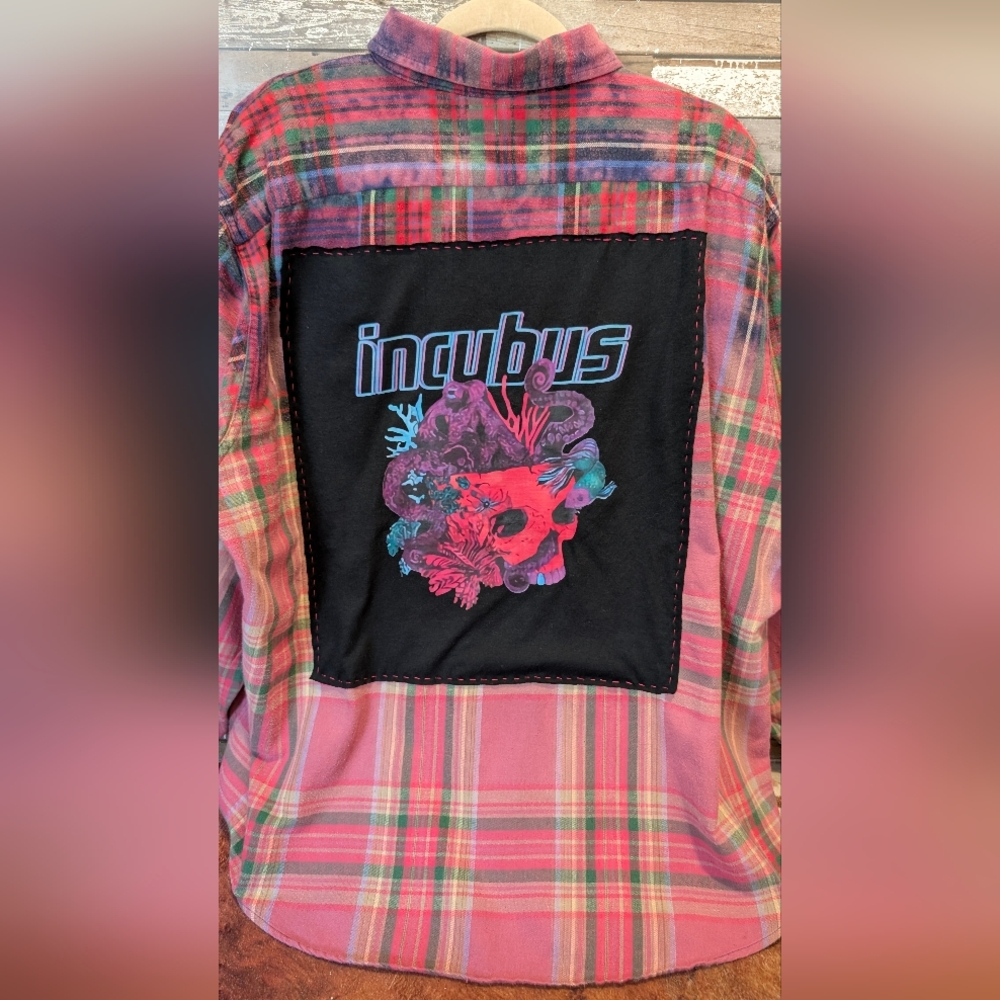 Incubus Graphic Upcycled Dip Dye Bleached Flannel Shirt - Picture 2 of 14